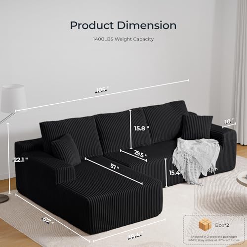 Image of 105 inch Cloud Sectional Couch, L-Shaped Modular Sectional Sofa with Deep Seat, Boneless Couches for Living Room Bedroom, Corduroy Upholstery Green, Left Facing Chaise