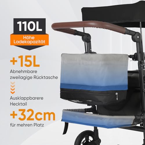 Sekey Bollerwagen Faltbar mit Dach 2 Kinder 100KG, Faltbarer Bollerwagen Handwagen Schiebegriff, Kinderwagen Stoßfest PU-Räder mit Bremsen 110L, SS5050, Grau mit Schwarz