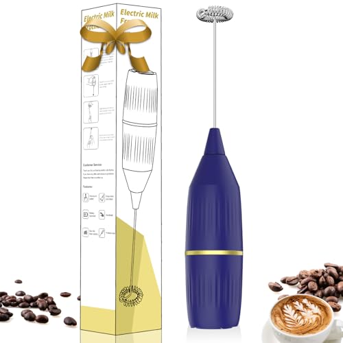 Blue Milk Frother Handheld, Standable No Stand Needed, Battery Operated Drink Mixer for Coffee Latte Matcha Egg, Easy Clean Detachable Whisk, Compact Portable Kitchen Gadget Gift
