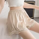 Damen einfarbige lässige lockere Shorts mit Spitzenrand Saum für Sommer Urlaub Strand Yoga Radfahren Urlaub normale Länge Medium Stretch Mode Hose (L Beige)