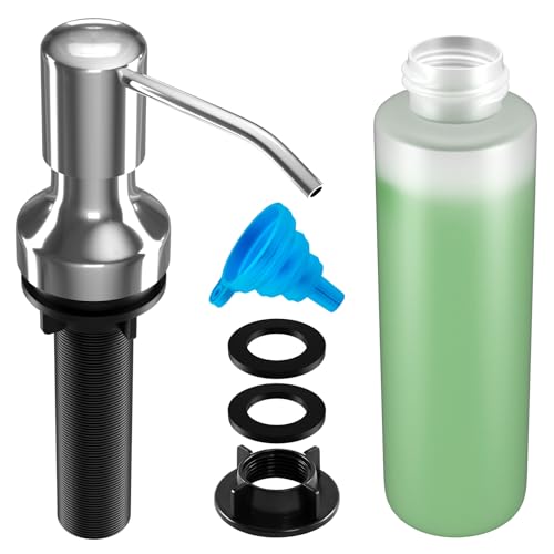 Soap Dispenser for Kitchen Sink, Kitchen Sink Soap Dispenser with 17 OZ Bottle, Refill from The Top Bar, Longer Threaded Shaft Shank, Wide Pump Head Base (Chrome)