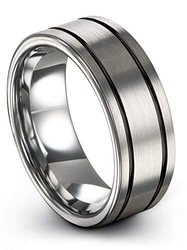 Chroma Color Collection Tungsten Carbide Wedding Band Ring 8mm for Men Women Black Double Line Grey Interior with Flat Cut Brushed Polished Comfort Fit Anniversary Size 10.5