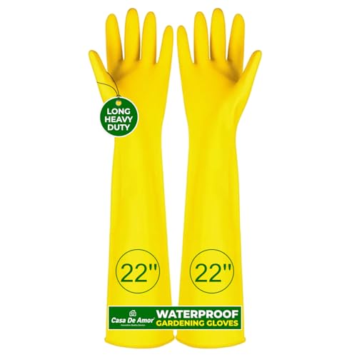 Image of Casa De Amor 22 Inch Long Heavy Duty Latex Rubber Gardening Gloves - Waterproof & Reusable Garden Gloves for Home, Farming, Agriculture & Dairy Use - 0.55mm Thick, Yellow (1 Pair)