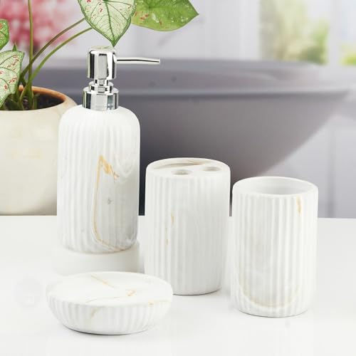 Image of SaSaSa Ceramic Bathroom Accessories Set of 4 Modern Bath Set with Soap Dispenser & Toothbrush Holder, Luxury Home & Gift Idea (11426)