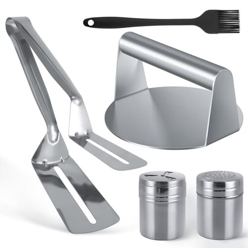 BEAUTIFABLE Smash - Kit de prensa para hamburguesas, juego de herramientas de prensa de hamburguesas con pinzas para barbacoa, coctelera de dragado de especias, cepillo de silicona, prensa de tocino