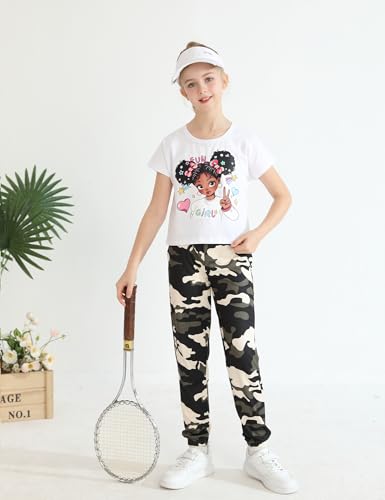 Image of mksodop Girls Outfit Set Graphic T Shirt and Camo Jogger Pants Cute Casual Clothes for Girls 5-16 Years