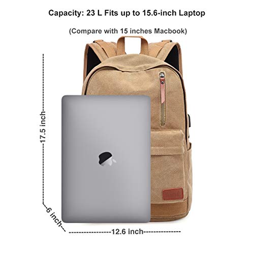 Canvas Laptop Backpack, Waterproof School Backpack With Usb Charging Port For Men Women, Lightweight Anti-Theft Travel Daypack College Student Rucksack Fits Up To 15.6 Inch Computer(Brown) #TOP2