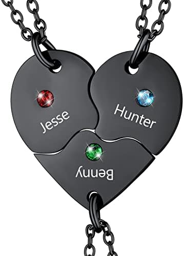 U7 Best Friend Necklace Set for 3 People Black Color Heart Puzzle Pieces Pendant Custom Engraved BFF Necklaces Friendship Family Member Gift with Birthstones