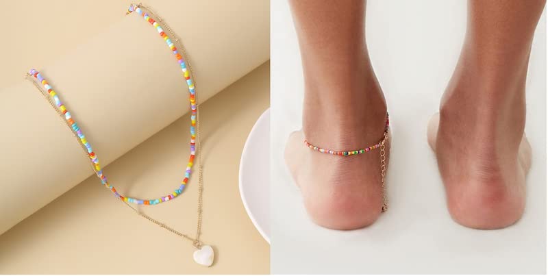 Combinato Boho hippie perline girocollo collana oro e conchiglia riso cavigliera colorata per le donne regalo per il suo regalo di Natale