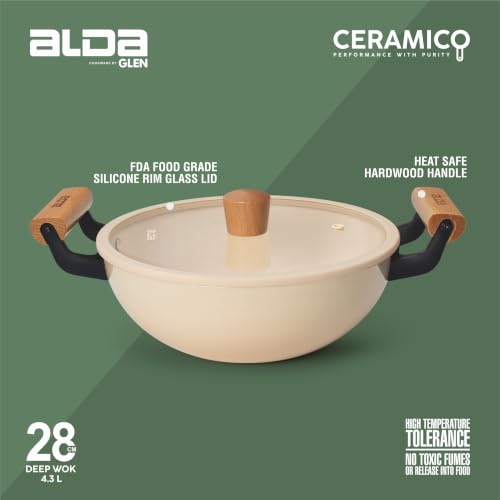 Image of Alda Ceramico 28cm Deep Wok with Glass Lid | Non-Stick Ceramic Kadhai with Dual Wooden Handles | Cream Multipurpose Cooking Pan | Induction & Gas Stove Compatible Cookware