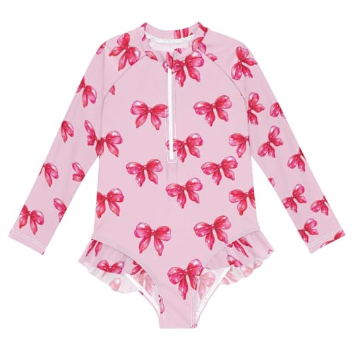 Traje de baño para niñas de 3 a 12 años de manga larga y una pieza rosa con un lindo lazo