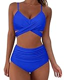 SUUKSESS Women High Waisted Bikini Criss Cross Swimsuits Push Up Bathing Suits (XL, Royal Blue)