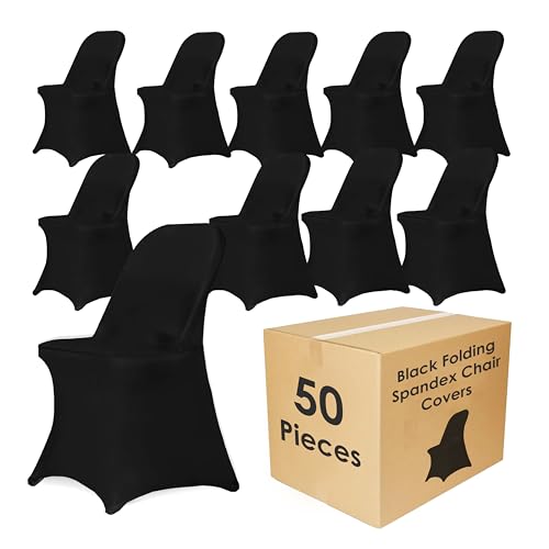 Craft And Party 50 Pack Black Spandex Folding Chair Covers, Stretch Polyester Slipcovers for Wedding, Party & Dining Chairs – Flat Front Design, Universal Fit