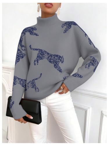 Image of WDIRARA Women's Leopard Tiger Print Sweater High Neck Long Sleeve Fuzzy Knitted Pullover Top