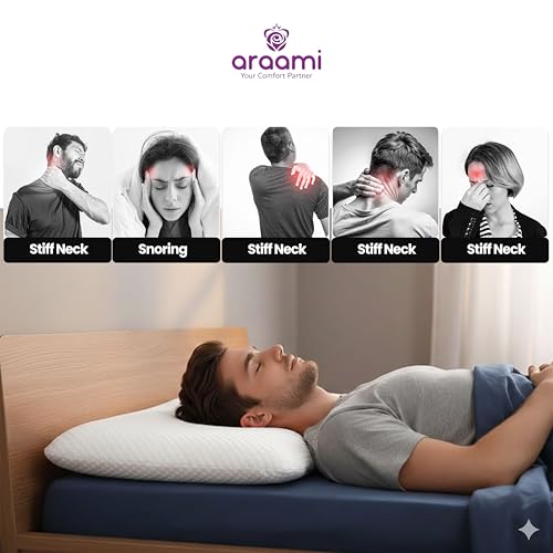 Image of araami Contour Memory Foam Pillow Set of 2 with Premium Jackad Fabric Cover for Low Profile Back Sleepers Washable Zipper Orthopedic Cervical Support Solid Wave Design Quiet 55x40x5