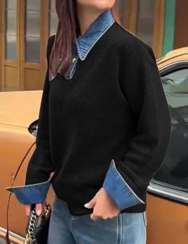 Image of Womens Denim Lapel Sweater Oversized Long Sleeve Button Down Polo Knit Pullover Sweaters 2025 Fall Outfits
