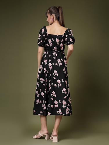 Image of OOMPH! Below Knee Shift Pink Dress in Crepe Fabric with Round Neck and Puff Sleeves - md619l