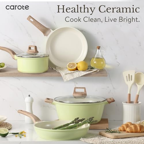 Image of CAROTE 21 Ceramic Cookware Set, Pots and Pans Set Non stick, Cook Ware Set Induction Kitchen Cooking Set Non-toxic Health Induction Cookware, PFAS Free