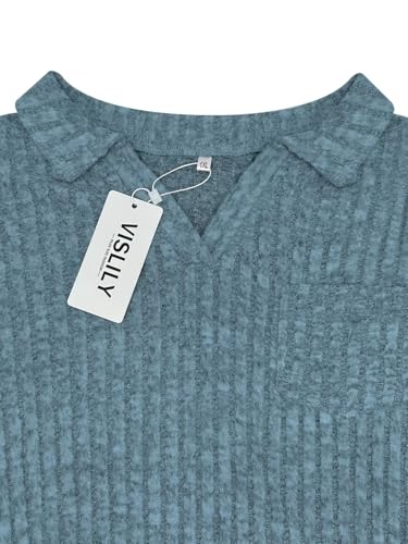 Image of VISLILY Womens-Plus-Size-Tops Collared V Neck Polo Shirts Lightweight Long Sleeve Sweaters Trendy Pocket Decor Tunic Blouses