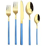 vajilla elegante, Juego de cubiertos acero inoxidable 5 piezas - Elegante vajilla negra y dorada for 6 personas Cuchillo, tenedor cuchara(Blue Gold)