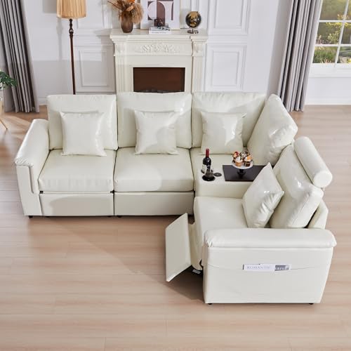 Image of RARZOE Faux Leather Sectional Sofa with Power Recliner, L Shaped PU Leather Couch with Storage Console Charging Cup Holders, 4 Seater Oversized Modular Reclining Couches for Living Room,Beige