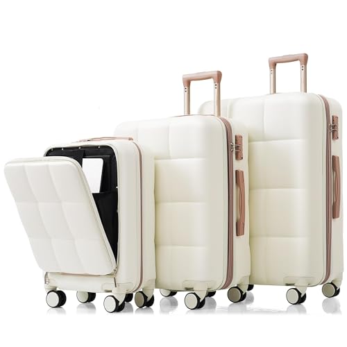 Travel Smart 3-Piece Luggage Set - 20-Inch Front-Opening Design with USB Port, Durable ABS Material, White