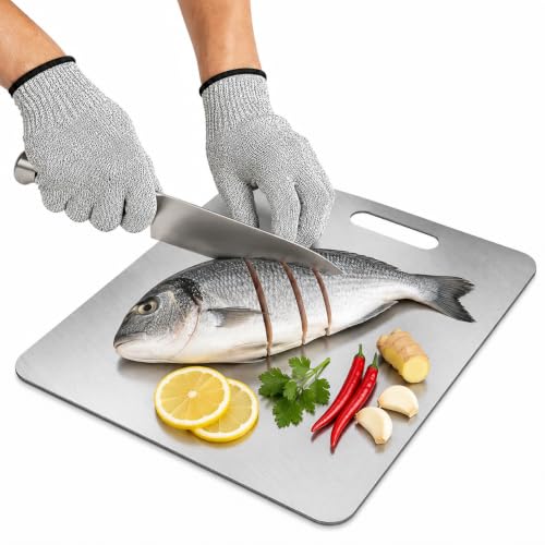 Image of karomouj Stainless Steel Chopping Board with Anti-Cut Safety Gloves | Premium 304 Food Grade Steel Cutting Board | Non-Porous, Double-Sided Kitchen Chopping Board for Meat, Vegetables & Fruits