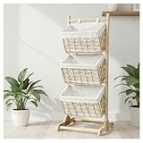 3-Tier basket stand Woven Floor Shelf with Baskets, Foldable wicker Storage Organizer, Multipurpose Rattan Rack for Bedroom Living Room Kitchen, Holds Clothes Toys Books Cans, Bohemian Home Decor
