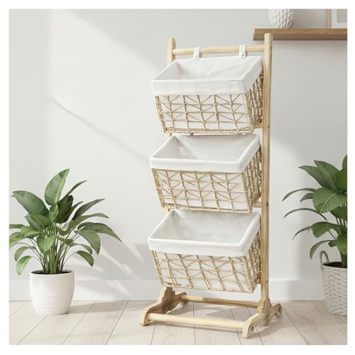 3-Tier basket stand Woven Floor Shelf with Baskets, Foldable wicker