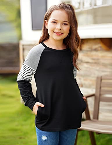 Image of SELINK Girls Big Kids Long Sleeve Striped Color Block Pocket Tees | Casual Loose Fit With Side Pockets,Soft Stretch Polyester Blend For Big Girls Daily&Back To School Wear