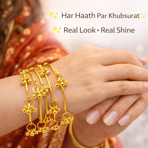 Image of 8 Pcs Ghunghroo Kashmiri Bangles Set for Women Stylish | Gold Tone Kashmiri Chudi | Lightweight Traditional Jewellery