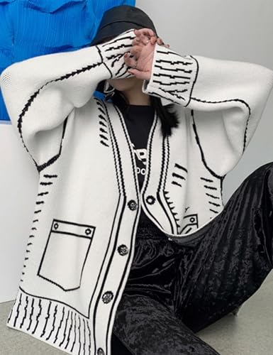 Women Print Graffiti Unique Cardigan Sweater Y2k Fake Pocket Long Sleeve Button Up Open Front Knit Sweaters Coat4
