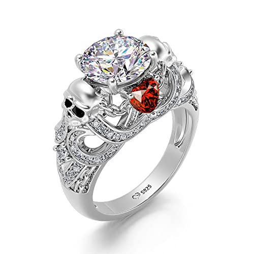 Image of Jeulia 2.55ct Skull Engagement Ring Sets Sterling Silver Heart Cut Red Diamond Ruby Rings Cubic Zirconia Wedding Promise Anniversary Romantic Jewelry for Women Grils Bridal with Gift Box