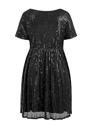 Wenrine H9H236HS2L Women'S Sequin Plus Size Mini Dress Short Sleeve Scoop Neck Pleated A Line Cocktail Party Dresses Black thumb #1