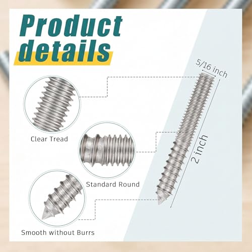 Image of Hicarer 20 Pack 5 /16-18 x 2 Inch Hanger Bolts Double Headed Bolts with Driver Self Tapping Screw Threaded Rod Screws for Furniture Double Headed for Wood Furniture Joint, Silver