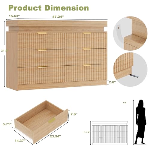 Image of 6 Drawer Dresser with LED Lights and Charging Station, 47 inch Wide Fluted Dresser for Bedroom, Modern Wood Chest of Drawers for Closet Organizer Cabinet for Living Room, Hallway, Natural Oak