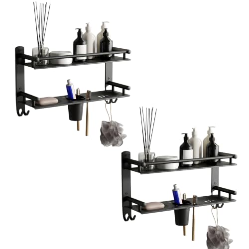 Image of GLOXY Premium Combo Pack of 2 Black Matte Finish Bathroom Shelf Rack - Wall Mount 4-in-1 Multipurpose Double Soap Stand with Toothpaste Holder and Hooks - Bathroom Fittings Accessories Set