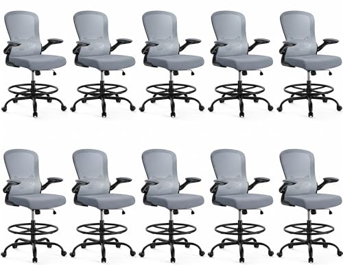 Image of ErGear Drafting Chair,Tall Office Chair with Flip-Up Armrests, High Desk Chair Adjustable Height and Adjustable Footrest Ring, Ergonomic Standing Desk Chair with Lumbar Support, Blue,10 Pack