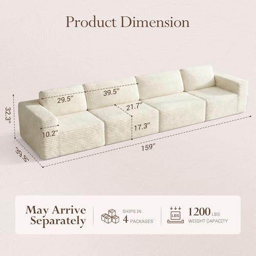 Image of Vesgantti 159 inch Modular Sectional Sofa, Corduroy Cloud Couch with Extra Deep Seats & Spring Support, Flexible Layout 4-Seater Boneless Couch, No Assembly Required, Beige