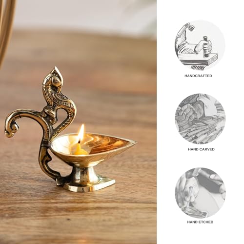 Image of ExclusiveLane 'Peacock' Brass Table Diya for Puja Room Mandir (Pure Brass, 1 Wick, 4.3 Inches, 18 ML, 0.2 Kg)| Brass Diya for Puja Room Brass Ghee Diya for Puja Aarti Diya Table Diya for Home