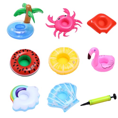 SSKHE 8-Piece Inflatable Drink Holders Set, with Air Pump, Tropical Flamingo/Palm Tree/Pineapple Designs, Floating Cup Holders for Pool Parties, Beach Family Water Fun, Easy Inflation, Reusable
