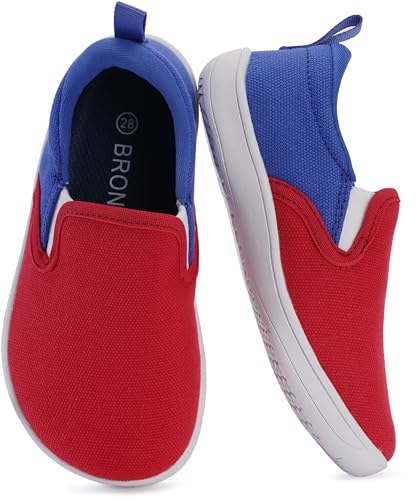 BRONAX X WHITIN Slip On Canvas Wide Toe Box Minimalist Barefoot Zero Drop Shoes for Toddler Size 6w Boys Walking Fashion Lightweight Comfy Laceless Red Blue 23