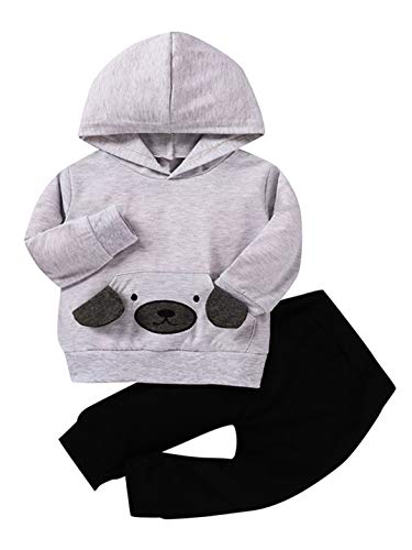 Venjoe Toddler Baby Boys Sweatsuit Outfits Long Sleeve Animal Bear Pocket Hoodie Sweatshirt Tops with Pants Clothes Set Grey 6-12 Months