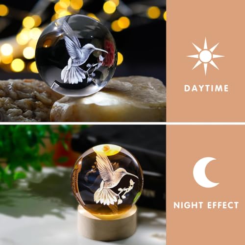 Aofegrlt 3D Laser Engraved Bird Crystal Ball With Led Stand, 60Mm Hummingbird Figurine Lamp Night Light, Glass Hummingbird Globe Paperweight Gift thumb #5