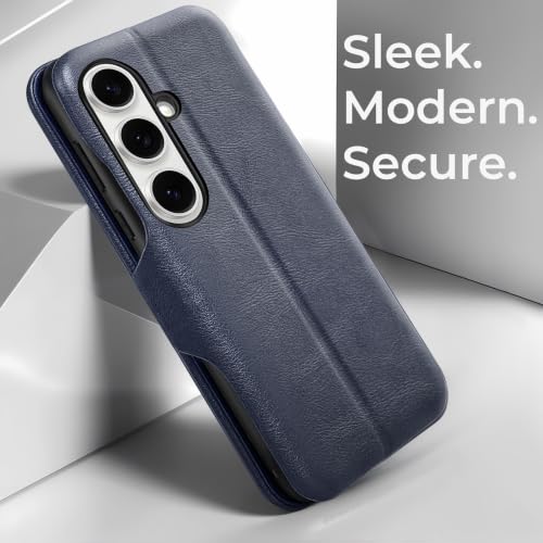Image of PULOKA for Samsung Galaxy S24 - Sleek Flip Case - Premium Vegan Leather Phone Cover with Card Slot - Slim, Durable, Privacy Protection - Kickstand Function - Elegant Flip Wallet Cases - Blue