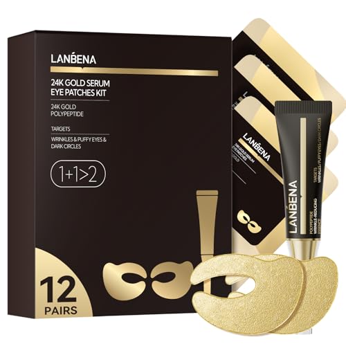 LANBENA Parche para los Ojos (12 Pares), Esencia Reductora de Arrugas, Máscara de Suero en Gel 24K Oro, Tratamiento para Ojos Hinchados, Líneas Finas, Refresca, Hidrata | Libre de Parabenos