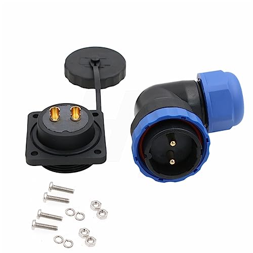 HangTon HE29 2 Pin Connector 45A Power Waterproof Outdoor Marine Electrical Male Female Cable 90 Degree Angled Plug + Panel Mount Socket Circular Solder Plastic Threaded
