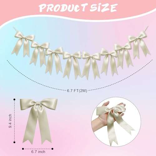 Image of 1 String of 8PCS Ivory White Bow Garland Banner Decoration,Pre-Strung Satin Ribbon Ornaments for Birthday,Bachelorette Party,Bridal Shower,Wedding,Engagement,Baby Shower,Graduation Decor,Anniversary