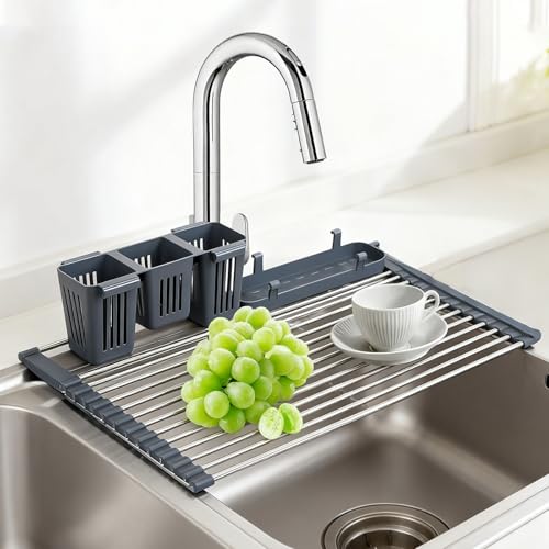 Escurreplatos Sobre Fregadero Plegable Acero Inoxidable, 63.5 x 32cm Grande Escurridor de Platos para Fregadero de Cocina Enrollable con Cesta para Cubiertos, para Secar Frutas, Verduras y Platos