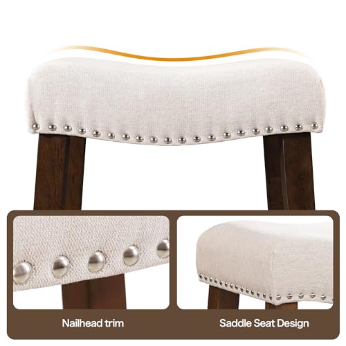 24-Counter-Height-Bar-Stools-Modern-Backless-Kitchen-Island-Saddle-Barstools-Chairs-with-Footrest-Solid-Wood-Legs-Nailhead-Trim-Linen-Fabric-Cushion-Beige-Set-of-2 24 Counter Height Bar Stools Modern Backless Kitchen Island Saddle Barstools Chairs with Footrest Solid Wood Legs Nailhead Trim Linen Fabric Cushion Beige Set of 2